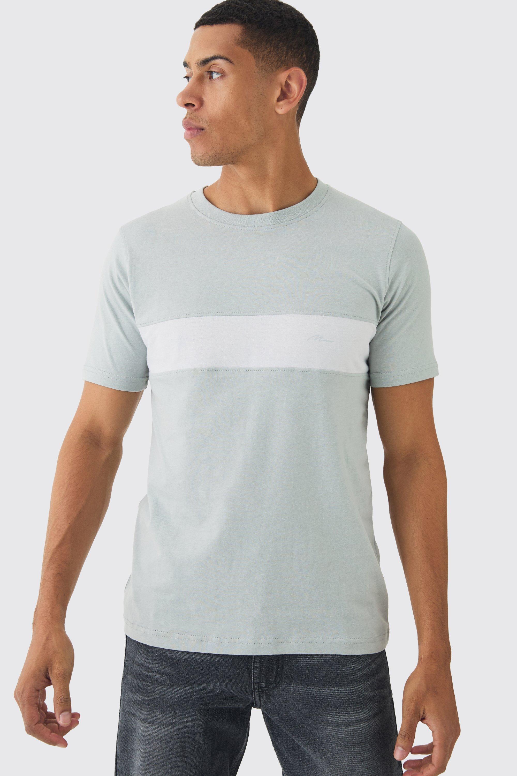 Mens Grey Man Script Slim Colour Block T-shirt, Grey